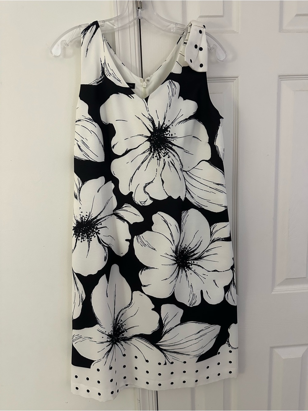 Talbots Black and White Floral Polka-Dot Trim Midi Dress